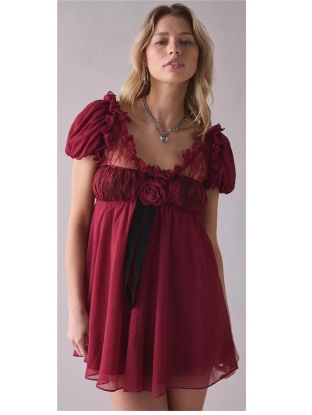 For Love and Lemons Claudine Babydoll Mini Dress Large Burgundy Romantic Flower